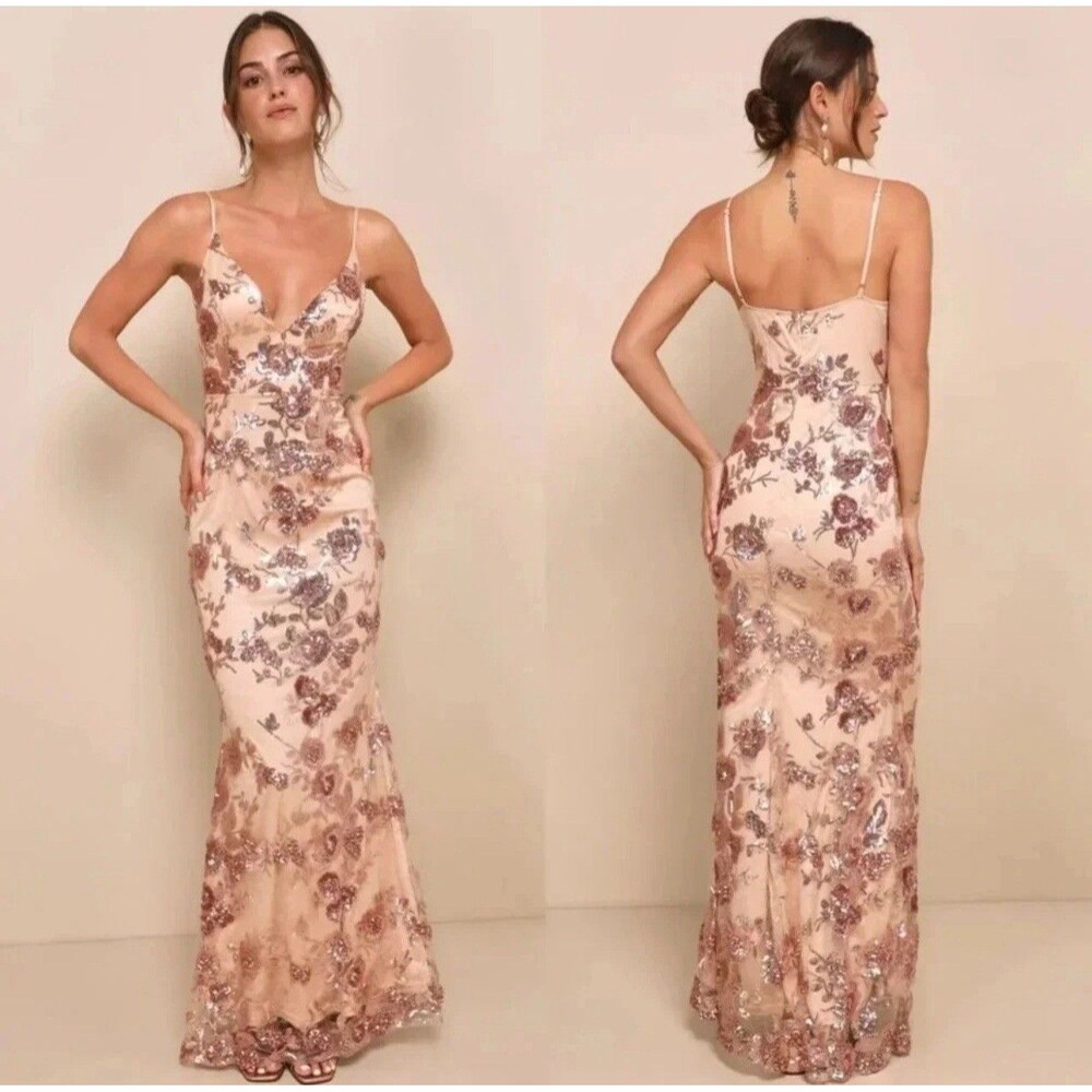 Lulus Shine Language Rose Gold Sequin Mermaid Maxi Dress Size XS NWT Formal prom